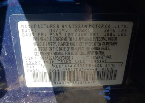 2019 Nissan Sentra S z USA, uszkodzony, nr VIN 3N1AB7AP3KY340614